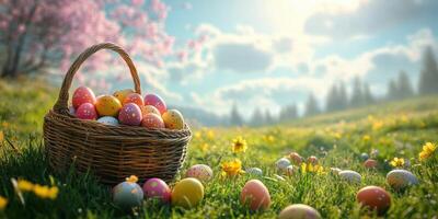 Colorful Easter eggs in a wicker basket surrounded by flowers on a sunny spring day in a serene meadow photo