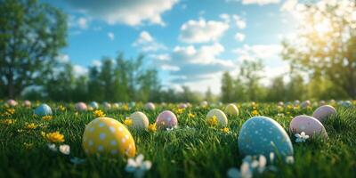 Colorful Easter eggs hidden in a lush green field during a sunny spring afternoon photo