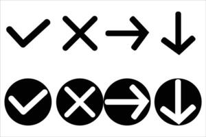 Set icons of check mark and cross mark symbols and elements, up and down arrows vector