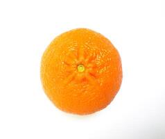 A vibrant, single orange, captured from a directly overhead perspective against a clean white background. photo