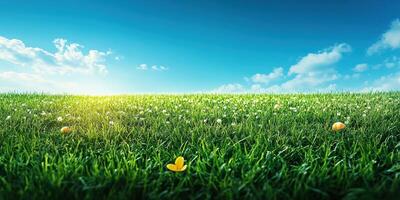 Vibrant green grass field at sunrise with blossoming flowers and clear blue sky photo