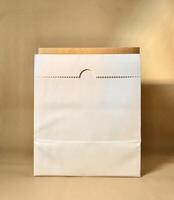 Empty white and brown paper bag container isolated on vertical brown cream background. photo