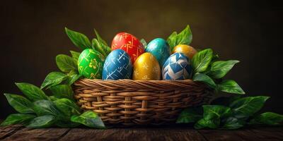 Colorful Easter eggs arranged in a wicker basket surrounded by lush green leaves on a wooden table photo