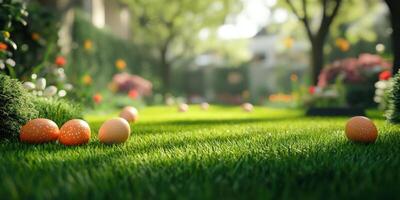 Colorful Easter eggs scattered on lush green grass in a vibrant spring garden during daylight hours photo