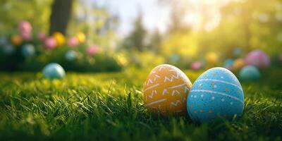 Colorful decorated eggs placed in lush green grass during a sunny spring day celebration of Easter with blooming flowers in the background photo