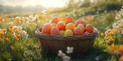Colorful decorated eggs in a wicker basket resting on a vibrant flower field during springtime photo