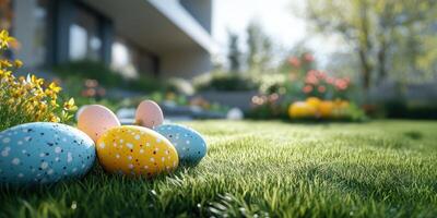 Colorful Easter eggs resting on lush green grass in a vibrant garden during springtime photo
