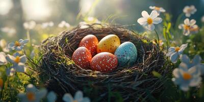 Colorful easter eggs nestled in a nest surrounded by flowers in a serene green setting during springtime photo