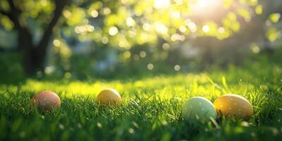 Colorful Easter eggs hidden in lush green grass during a sunny spring afternoon photo