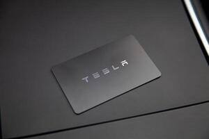 Vilnius, Lithuania, 2024 - Glow box and card key of Tesla Model 3 photo