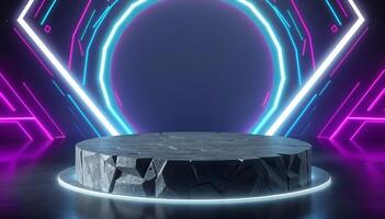 A circular platform of textured stone with Geometric glowing neon lights a dark background photo