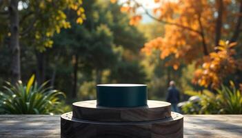 Circular Pedestal for Product Showcase with Garden in the Background photo