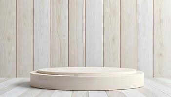 Circular Light Wood Platform for Product Showcase with Vertical Plank Backdrop photo