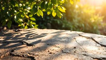 Cracked Stone Surface with Sunlit Product Mockup Background Concept photo