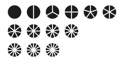 Circle division on from 1 to 13 equal parts collection. Infographic minimalist icons set. Coaching blank layout. Pie, pizza chart mockups. Wheel round divided diagrams from one to thirteen segments. vector
