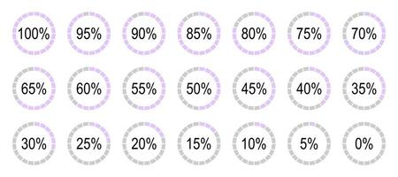 Percentage infographics elements. Set of round diagrams icons for infographics from 0 to 100 percents. Violet and grey colour fill pie, pizza charts indicator template. Circle graph loading progress. vector