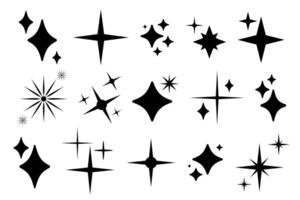 Set of shine, sparkle black stars on white background. Sparkle star minimalist symbols. Shine retro icons. Flat blink twinkle, sunburst star shapes simple collection. Magic light flare templates pack. vector