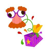 Jester springing from a jack-in-the-box illustration. Eyeglasses with fake nose and mustache for April jokes. Ideal for stickers, greeting cards, party decorations vector