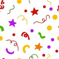 Abstract seamless pattern. Illustration with streamers, stars, confetti. Colourful doodle backdrop on white background for party decorations, print, wrapping, textile vector