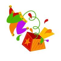 Jack in the Box with confetti, jester hat. Illustration of a jester popping from a box. April Fool's Day design for humor and tricks. Ideal for stickers, greeting cards, party decorations vector