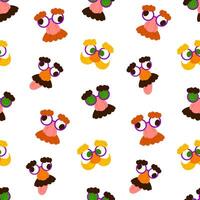 Fake nose glasses seamless pattern. Bright background for April Fool's Day. Traditional disguise glasses backdrop for Joke Day isolated on white for wrapping, textile, print, web vector