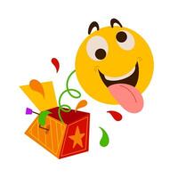 April Fool's Day illustration of a jester in a jack-in-the-box. Humor design with funny emoji for pranks and jokes. Ideal for stickers, greeting cards, party decorations vector