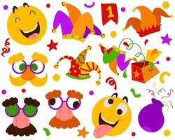 Set of illustrations for April Fool's Day pranks. Humorous bright design perfect for practical jokes. Jack in the box, jester's hat, emoji, fake nose for stickers, greeting cards, party, web vector
