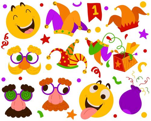Set of illustrations for April Fool's Day pranks. Humorous bright design perfect for practical jokes. Jack in the box, jester's hat, emoji, fake nose for stickers, greeting cards, party, web