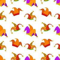 Jester's hat seamless pattern. Bright background for April Fool's Day. Traditional clown hat backdrop for Joke Day isolated on white for wrapping, textile, print, web vector