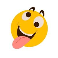 Laughing emoji with tongue. Hand drawn illustraton of funny yellow emoticon for print, web, sticker vector