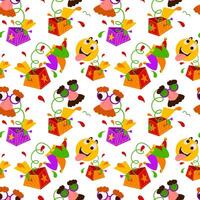 Fake nose glasses and jack in the box seamless pattern. Bright background for April Fool's Day. Traditional glasses and pop-up backdrop for Joke Day isolated on white for wrapping, textile, print, web vector