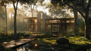 A house with a large yard and a pond in front of it. The house is surrounded by trees and has a lot of natural light coming in through the windows photo