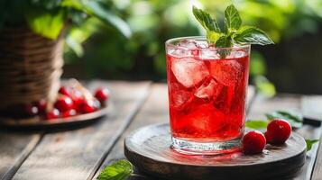 A glass of red drink with a sprig of mint on top. The drink is served on a wooden table with a basket of cherries nearby. Concept of relaxation and enjoyment photo