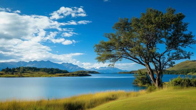 A beautiful lake with a tree in the foreground. The sky is blue and the water is calm photo