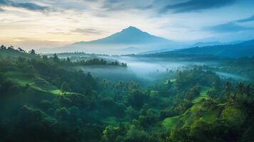 A mountain range with a foggy mist in the air. The mountains are covered in lush green trees photo