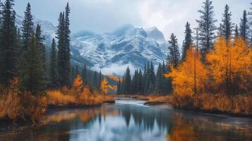 A beautiful autumn day with a river running through a forest. The trees are full of leaves and the sky is cloudy photo