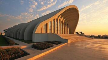 A large building with a curved roof and many windows. The building is surrounded by plants and has a staircase leading up to it. The sky is orange and the sun is setting photo