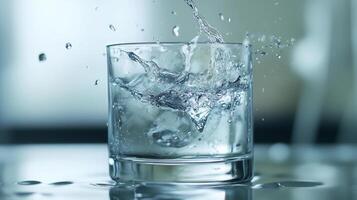A glass of water with ice cubes in it is splashing water out of the glass. The water is clear and cold, and the ice cubes are melting, creating a refreshing drink photo