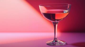 A glass of wine is sitting on a table. The wine is red and the glass is clear. The image has a romantic and sophisticated mood photo