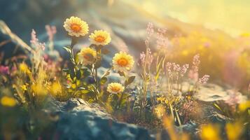 A field of flowers with a few yellow flowers in the foreground. The flowers are surrounded by rocks and grass photo