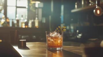 A glass of liquor with a leaf on top sits on a table. The image has a warm, inviting mood, with the glass of liquor and the leaf on top creating a sense of relaxation photo