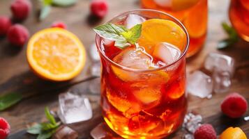 A glass of red wine with ice and raspberries on a table. The wine is garnished with a sprig of mint photo