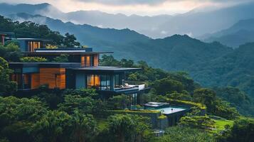 A mountain view with a house on top of it. The house is surrounded by trees and has a pool. The view is serene and peaceful photo