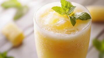 A glass of a yellow drink with a green leaf on top. The drink is cold and refreshing photo