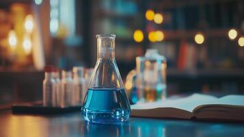 A blue liquid in a beaker sits on a table next to a book. The scene is set in a laboratory, with various bottles and vials scattered around the table photo