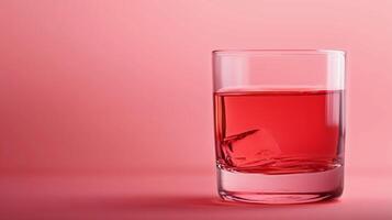 A glass of red liquid with ice cubes in it. The glass is on a pink background. Scene is calm and relaxing photo