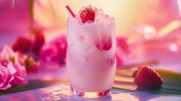 A glass of strawberry milk with a straw in it. The glass is on a table with a bunch of pink flowers photo