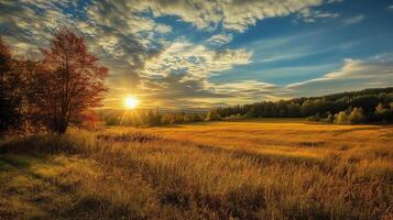 A field of tall grass with a tree in the foreground. The sun is setting and the sky is filled with clouds photo