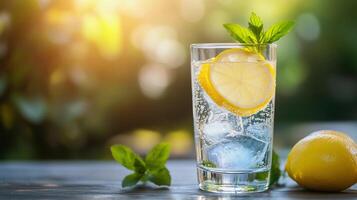 A glass of water with a lemon slice in it. The glass is on a wooden table photo