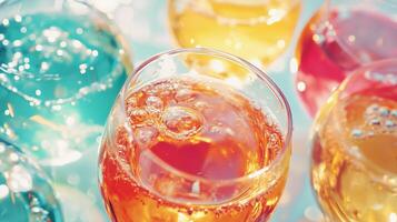 A group of colorful drinks in glasses, including a yellow one. The drinks are in a row, with the yellow one in the middle photo